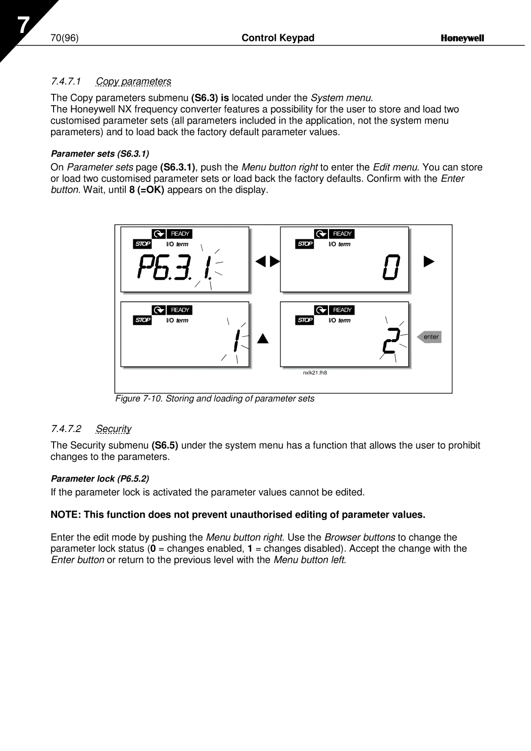 Honeywell NXL user manual Control Keypad, Copy parameters, Security 