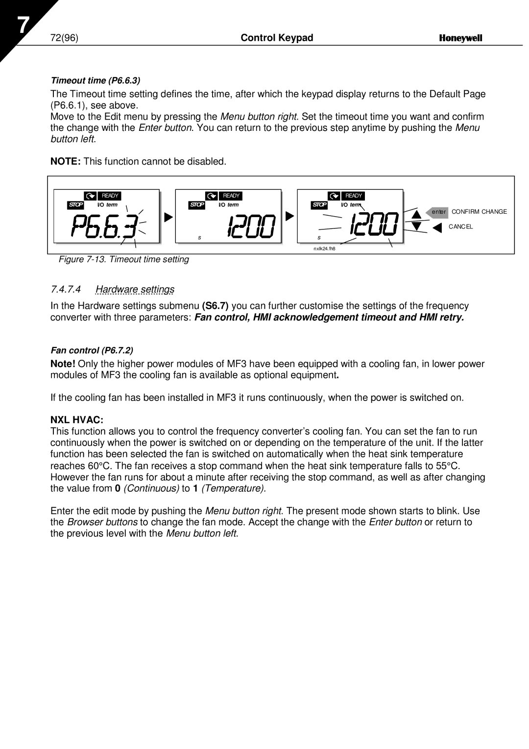 Honeywell NXL user manual Control Keypad, Button left, Hardware settings 