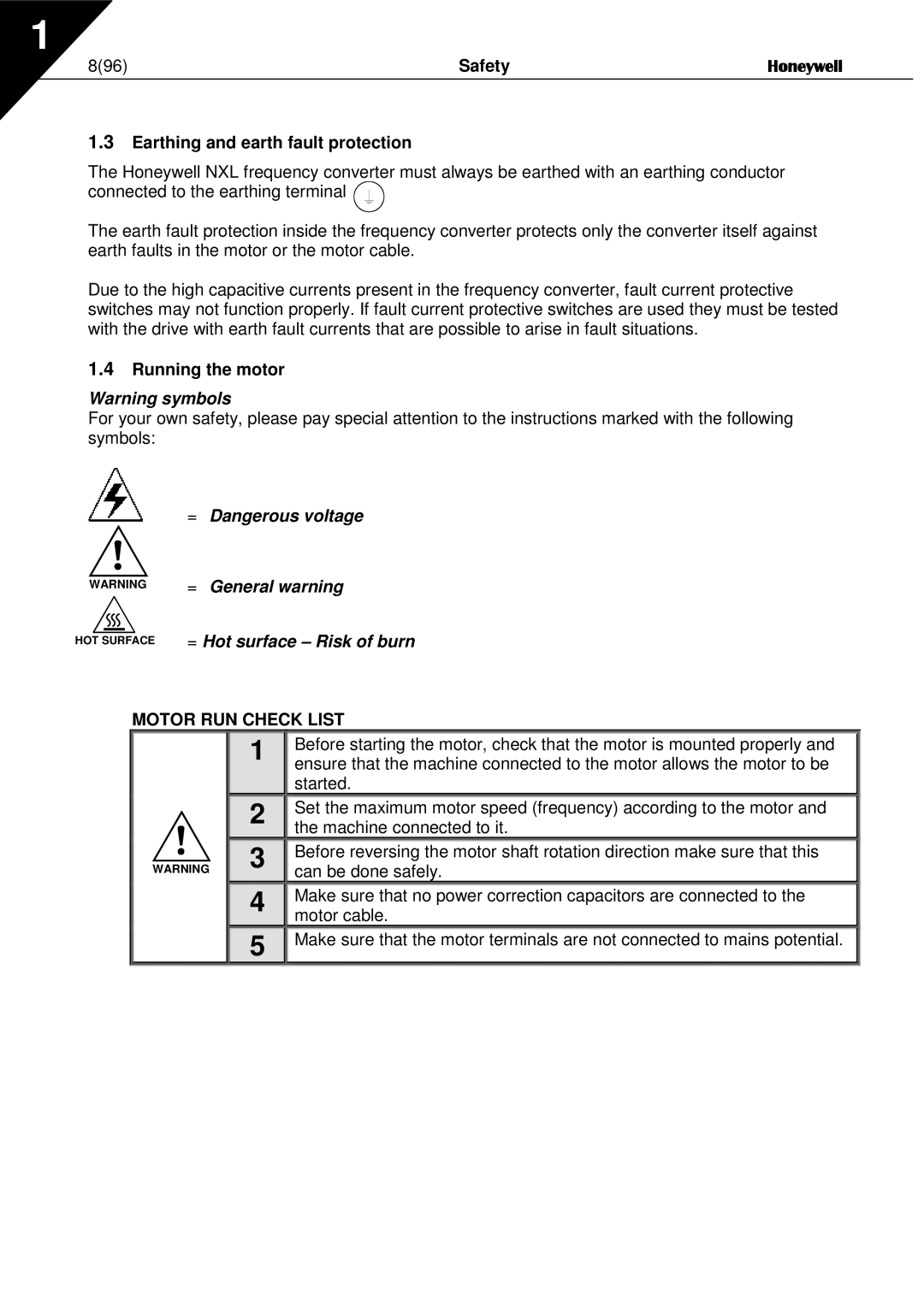 Honeywell NXL user manual Safety Honeywell Earthing and earth fault protection, Running the motor, General warning 