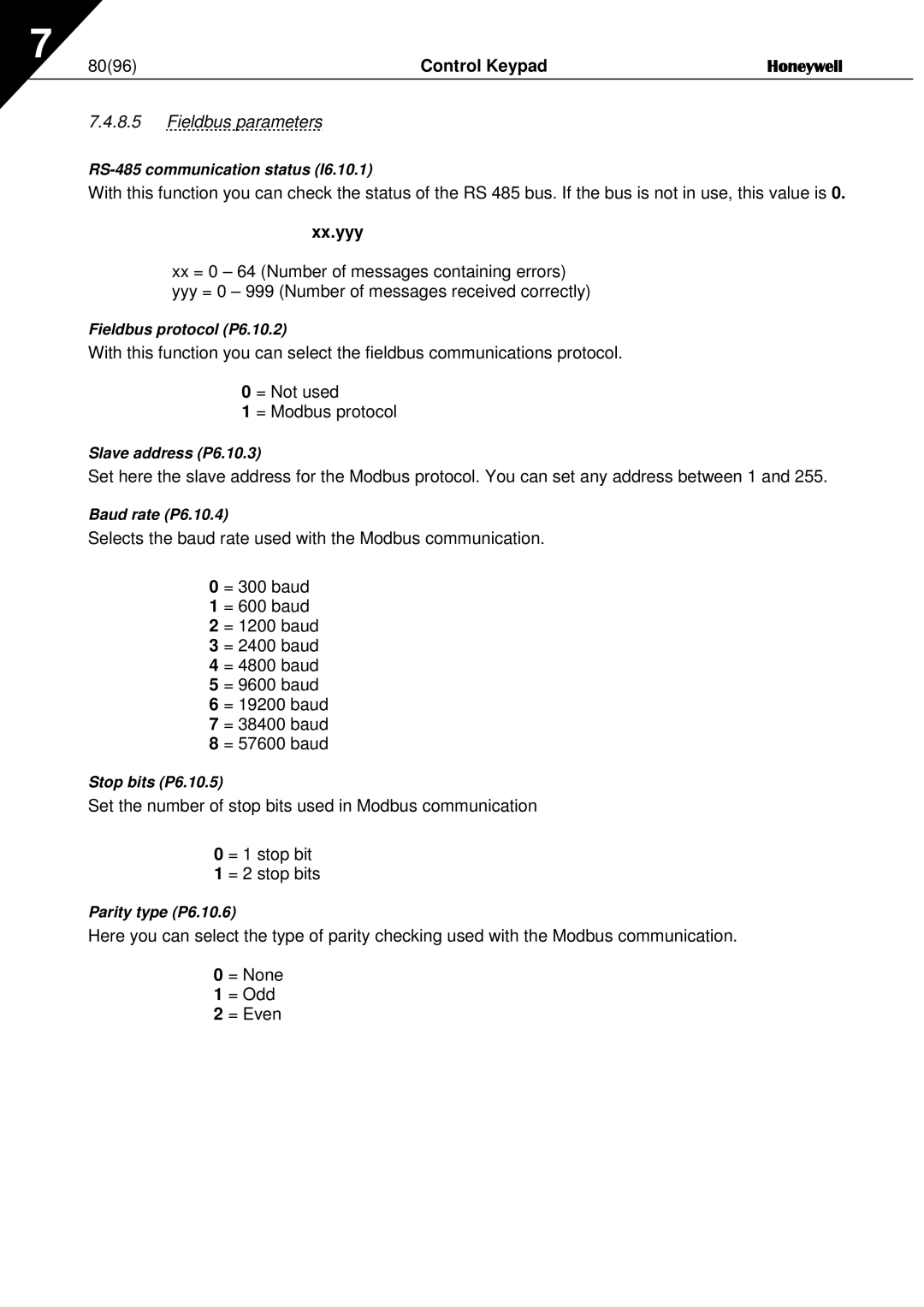 Honeywell NXL user manual Control Keypad, Fieldbus parameters, Xx.yyy 