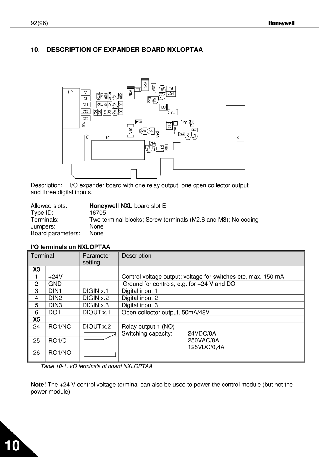 Honeywell user manual Description of Expander Board Nxloptaa, Honeywell NXL board slot E, Terminals on Nxloptaa 