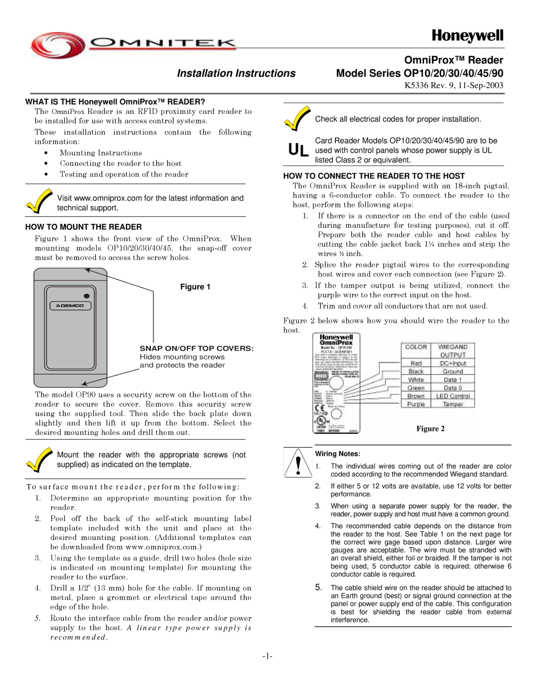 Honeywell op10 manual HOW to Mount the Reader, HOW to Connect the Reader to the Host 