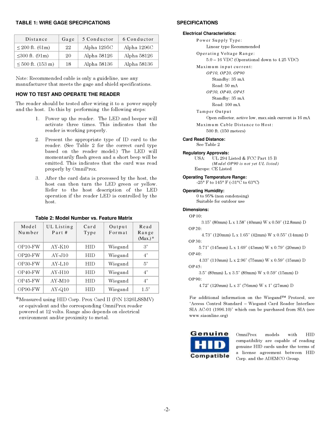 Honeywell op10 manual Wire Gage Specifications, Distance Gage Conductor, HOW to Test and Operate the Reader 