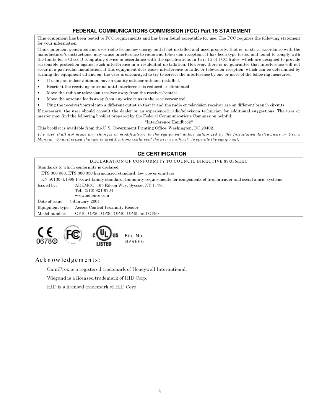 Honeywell op10 manual Federal Communications Commission FCC Part 15 Statement, CE Certification 