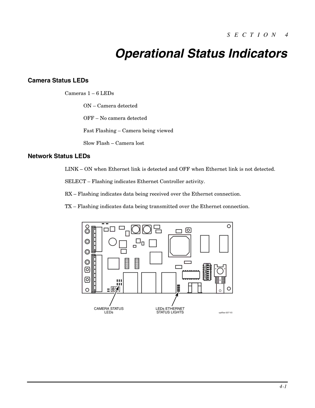 Honeywell Optiflex setup guide Operational Status Indicators, Camera Status LEDs, Network Status LEDs 