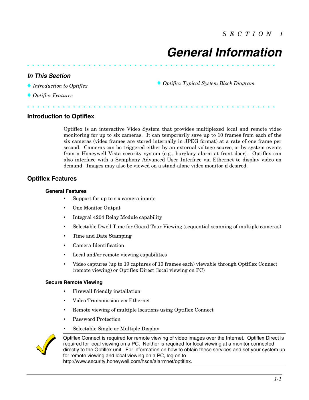 Honeywell General Information, Introduction to Optiflex, Optiflex Features, General Features, Secure Remote Viewing 