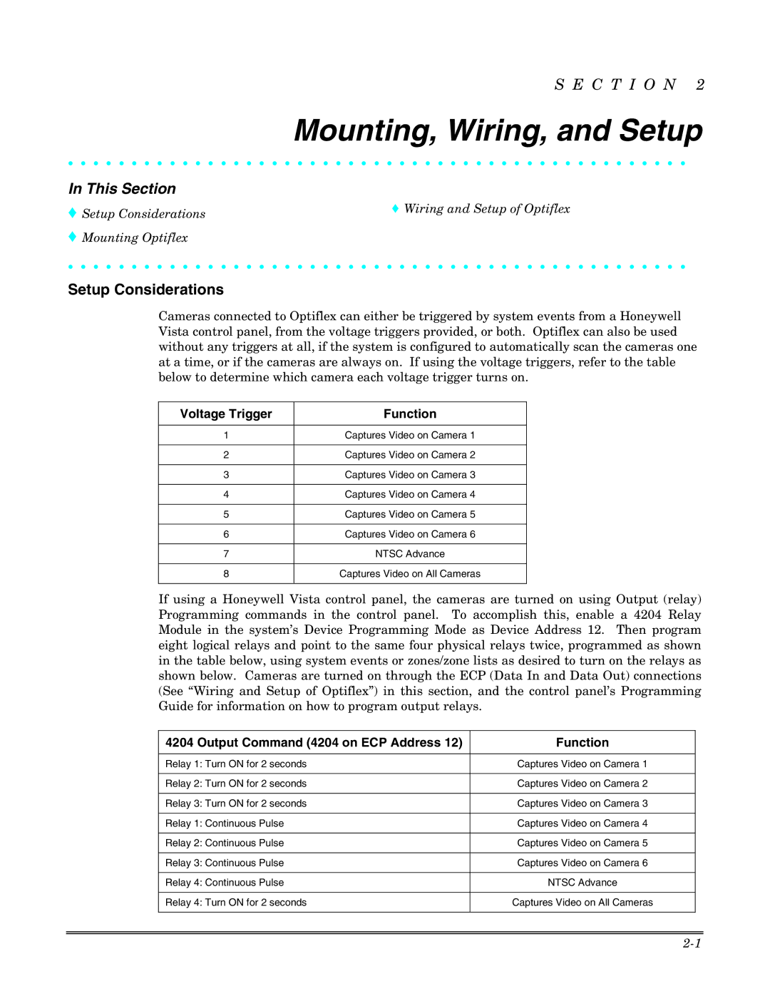 Honeywell Optiflex setup guide Mounting, Wiring, and Setup, Setup Considerations, Voltage Trigger Function 