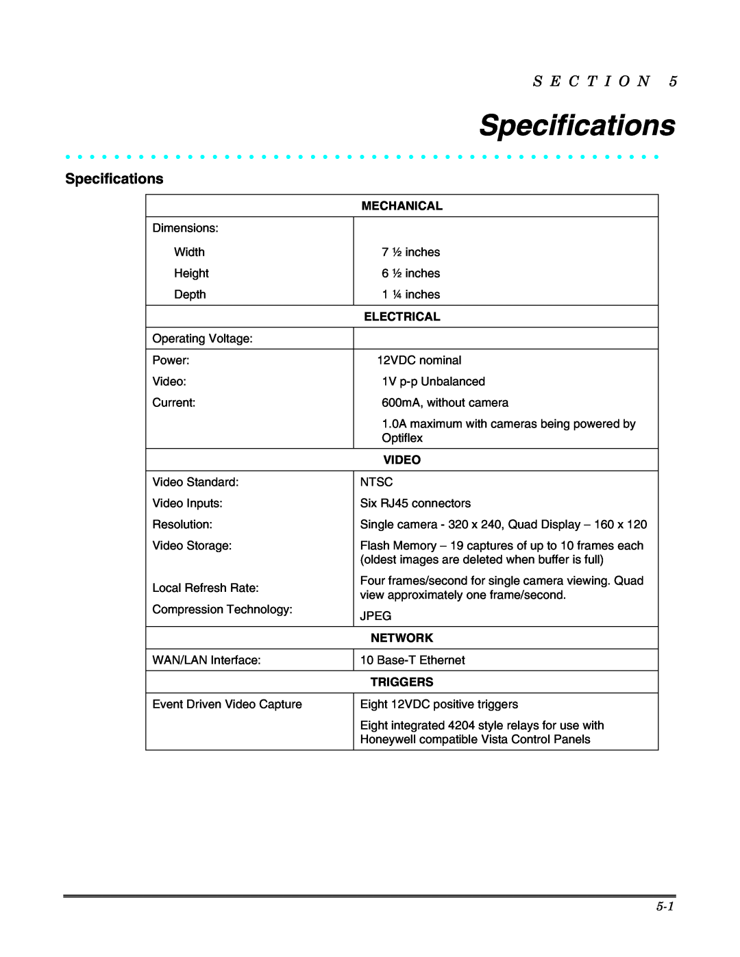 Honeywell Optiflex setup guide Specifications, S E C T I O N 