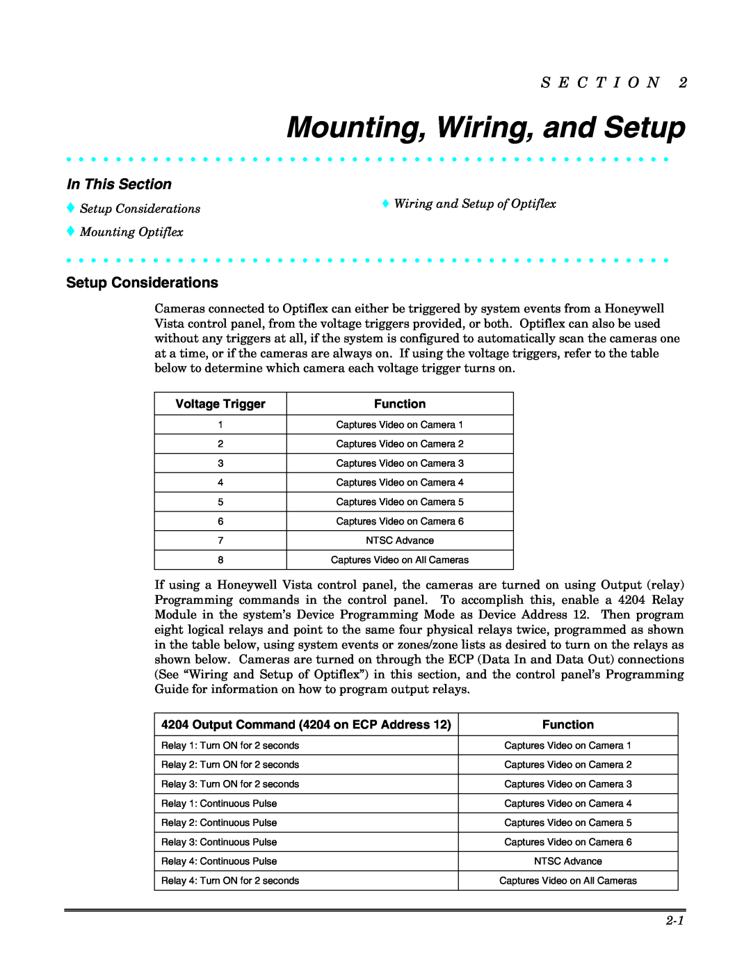 Honeywell Mounting, Wiring, and Setup, Setup Considerations, S E C T I O N, In This Section, Mounting Optiflex 