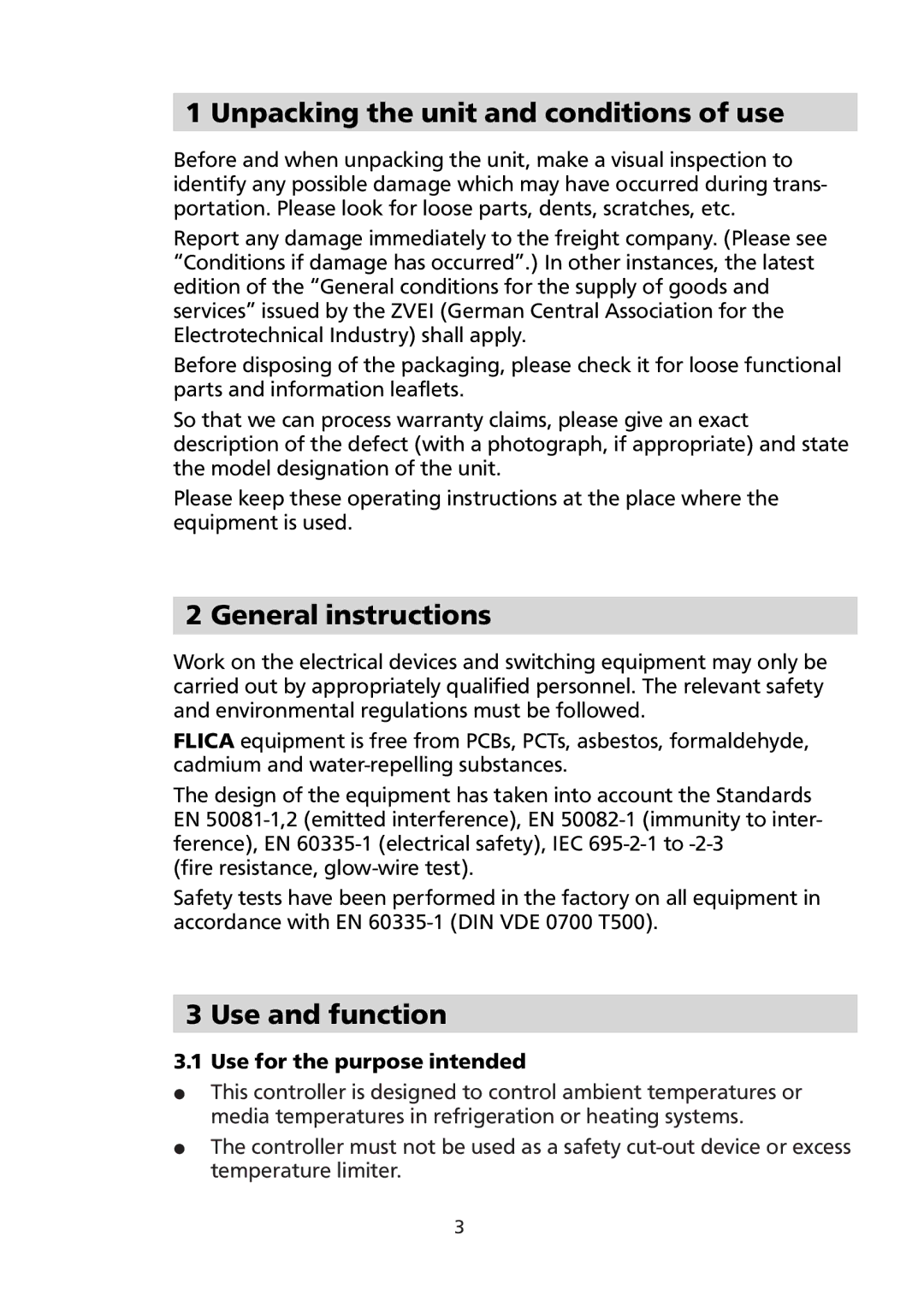 Honeywell PCR-110, PCR-100 manual Unpacking the unit and conditions of use, Use for the purpose intended 