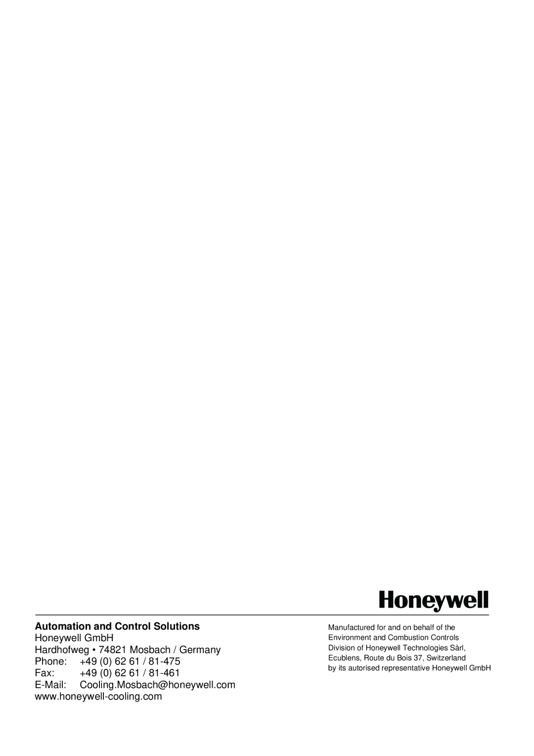 Honeywell PCR-300 RC manual Automation and Control Solutions 