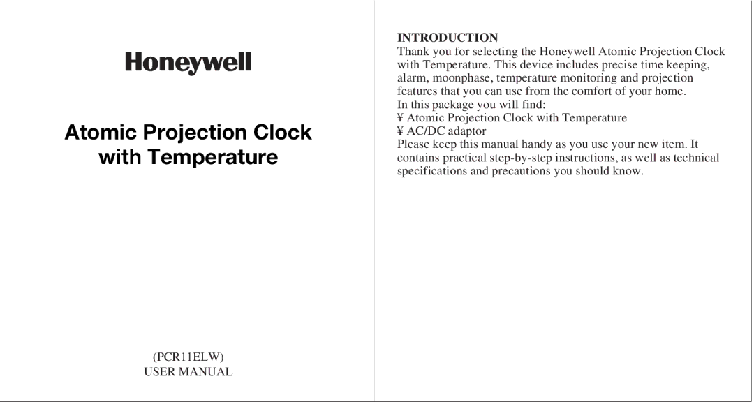 Honeywell PCR11ELW user manual Atomic Projection Clock With Temperature, Introduction 