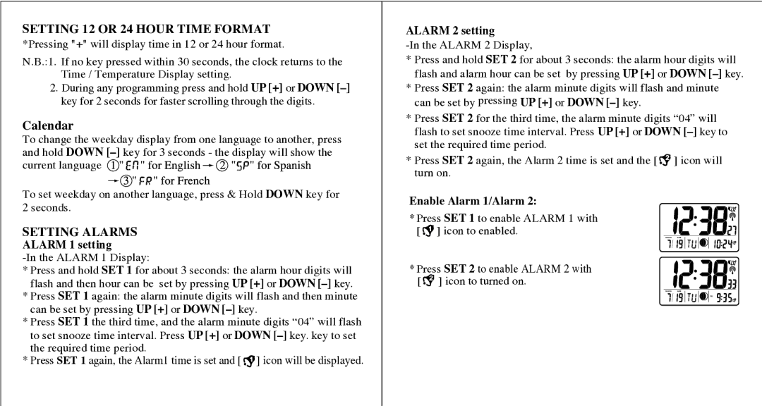 Honeywell PCR11ELW user manual Setting 12 or 24 Hour Time Format, Setting Alarms 