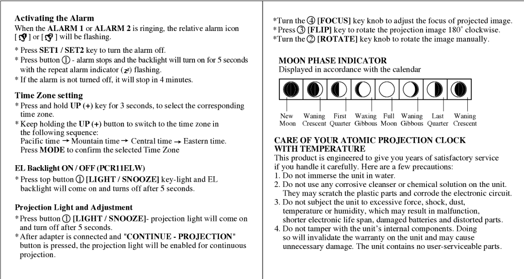 Honeywell PCR11ELW user manual Moon Phase Indicator, Care of Your Atomic Projection Clock with Temperature 