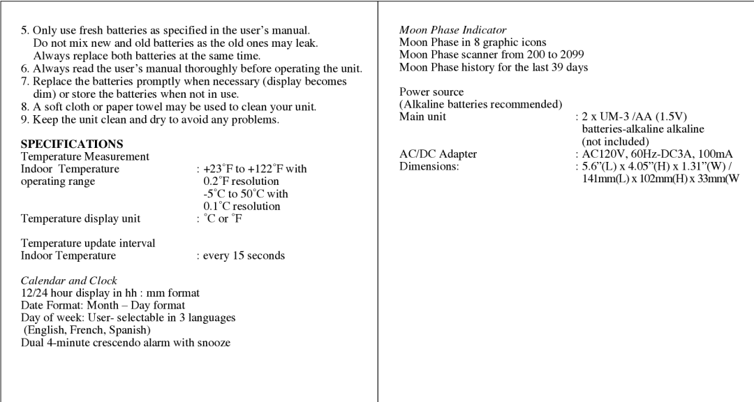 Honeywell PCR11ELW user manual Specifications, Calendar and Clock 