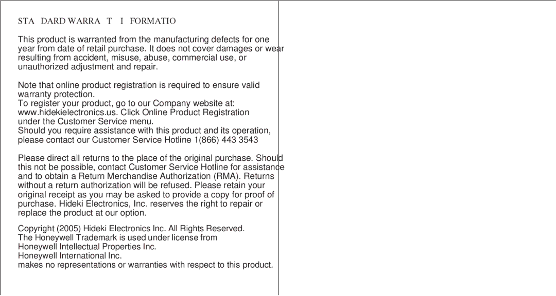 Honeywell PCR11ELW user manual Standard Warranty Information 