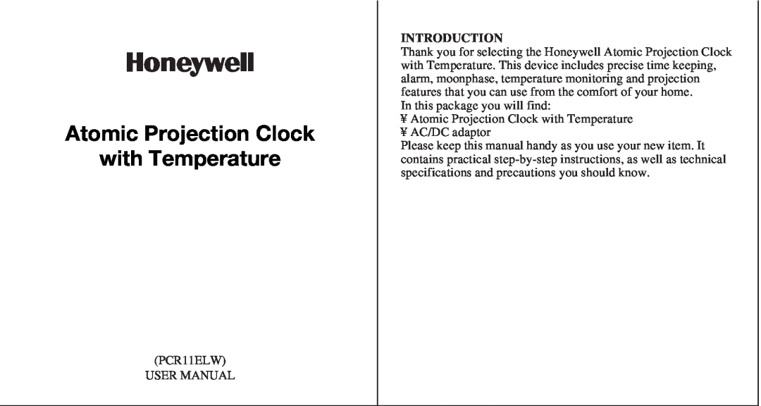 Honeywell PCR11ELW user manual Introduction, Atomic Projection Clock with Temperature 