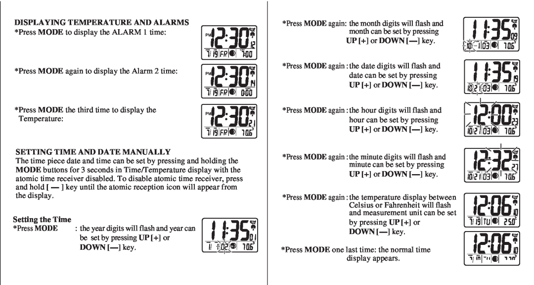 Honeywell PCR11ELW user manual UP + or DOWN - key, Setting Time And Date Manually, Setting the Time 