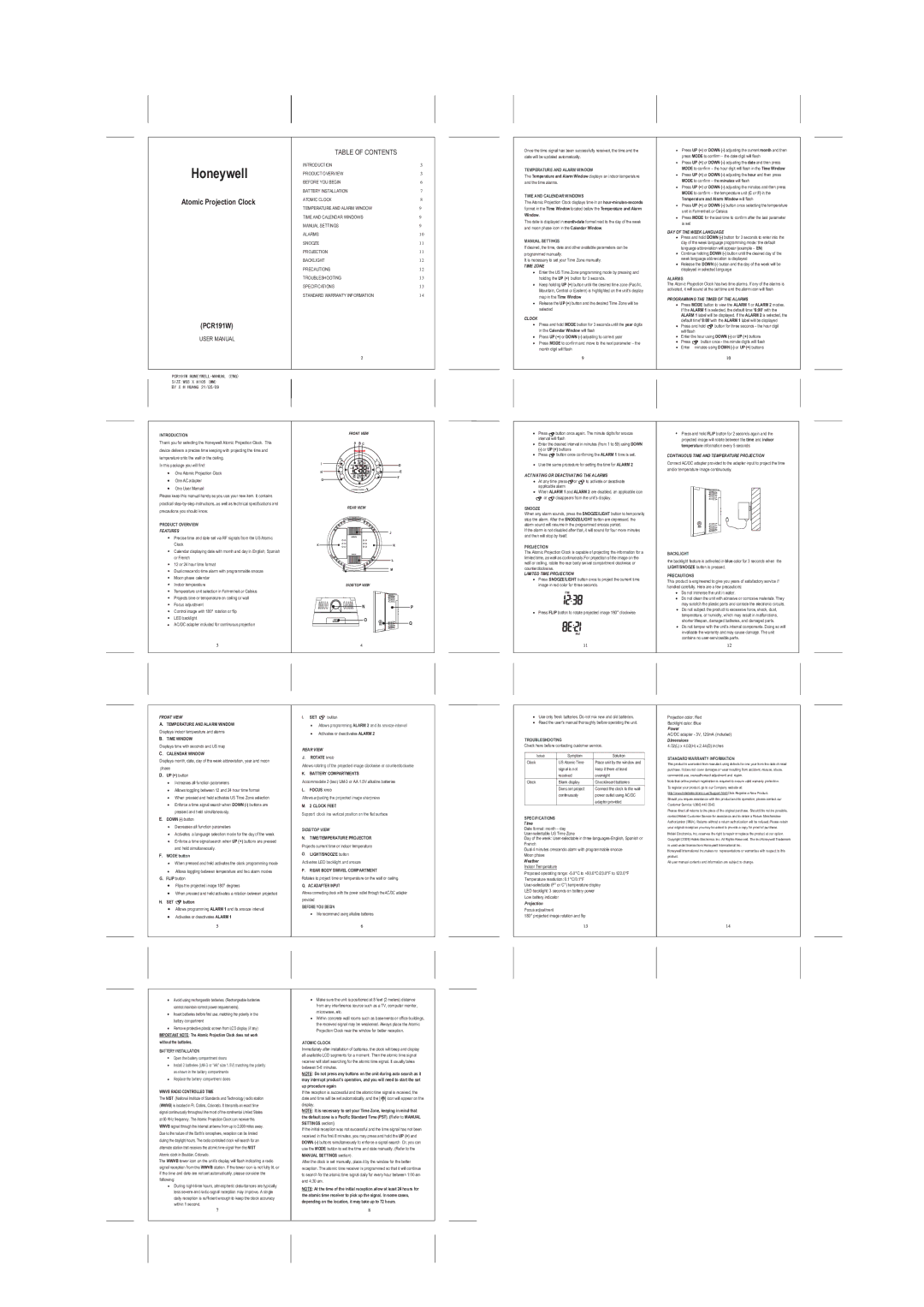 Honeywell PCR191W user manual Honeywell 