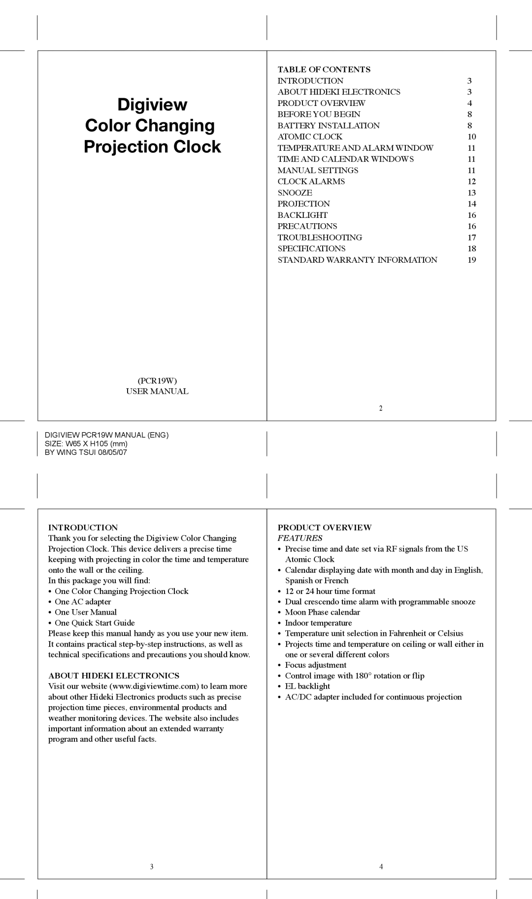 Honeywell PCR19W user manual Table of Contents, Introduction Product Overview, About Hideki Electronics 