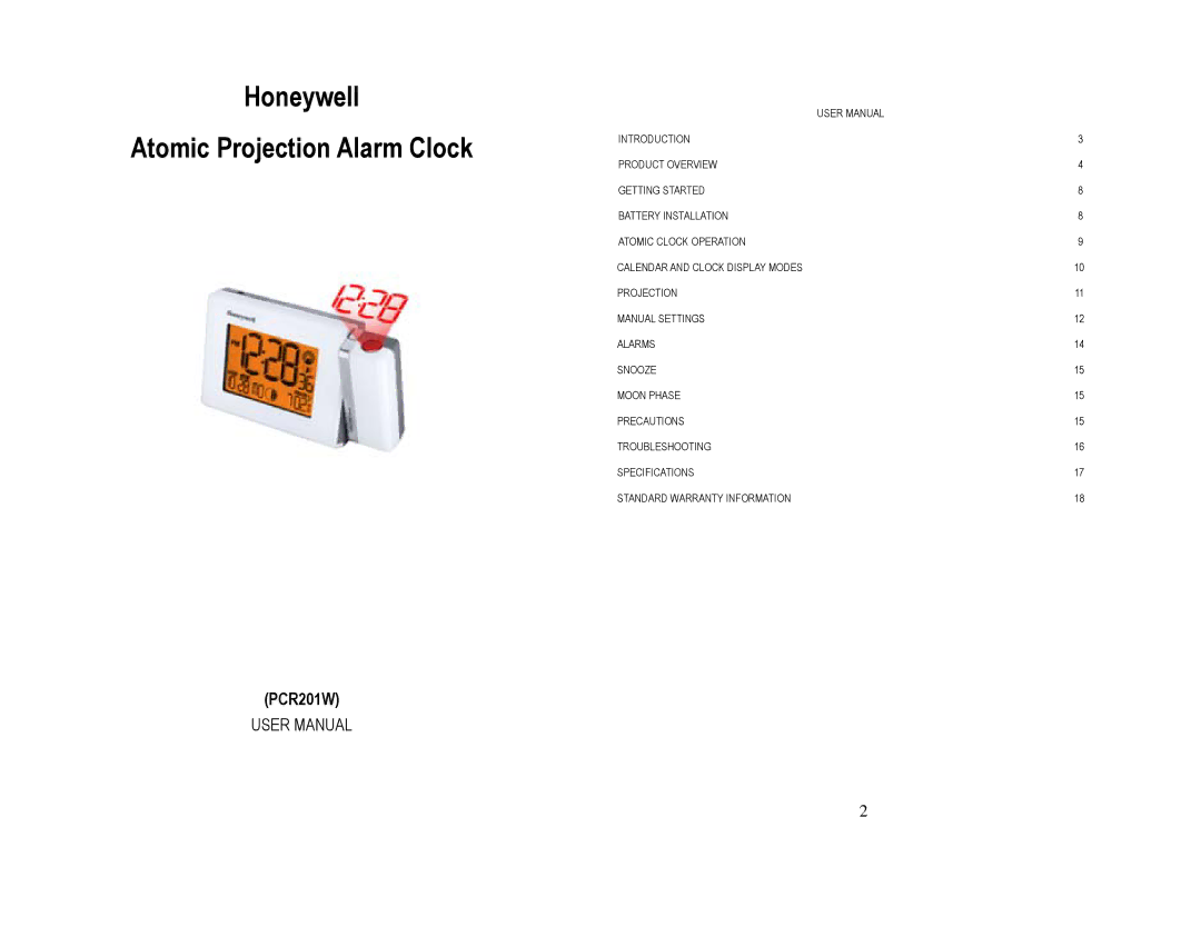 Honeywell PCR201W user manual Honeywell Atomic Projection Alarm Clock 