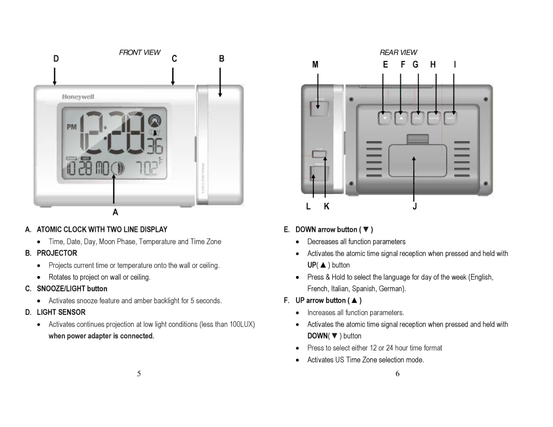 Honeywell PCR201W user manual Dc B, Me F G H, Front View, Rear View 