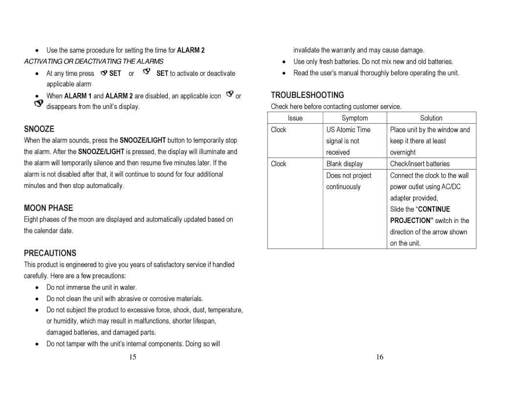 Honeywell PCR201W user manual Snooze, Moon Phase, Precautions, Troubleshooting, Activating or Deactivating the Alarms 