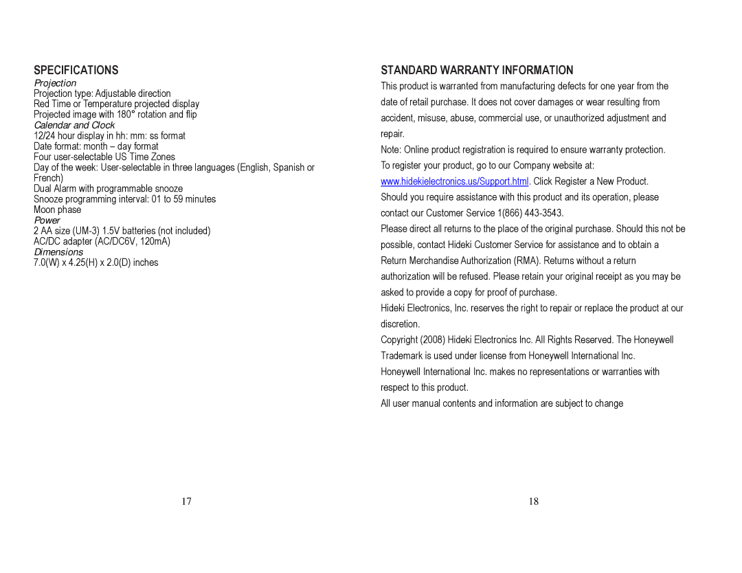 Honeywell PCR201W user manual Specifications, Standard Warranty Information 