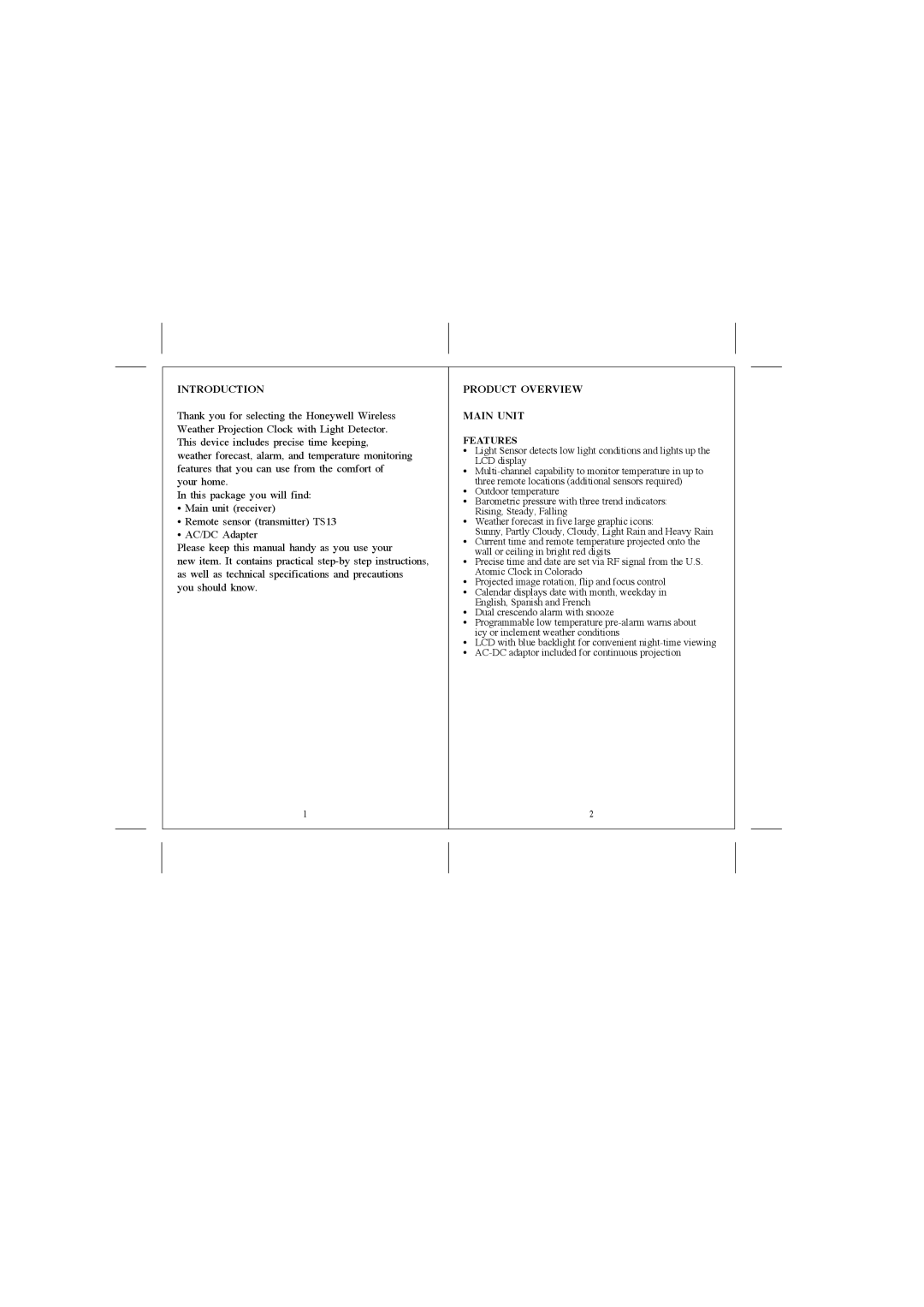 Honeywell PCR325W manual Introduction, Product Overview Main Unit Features 