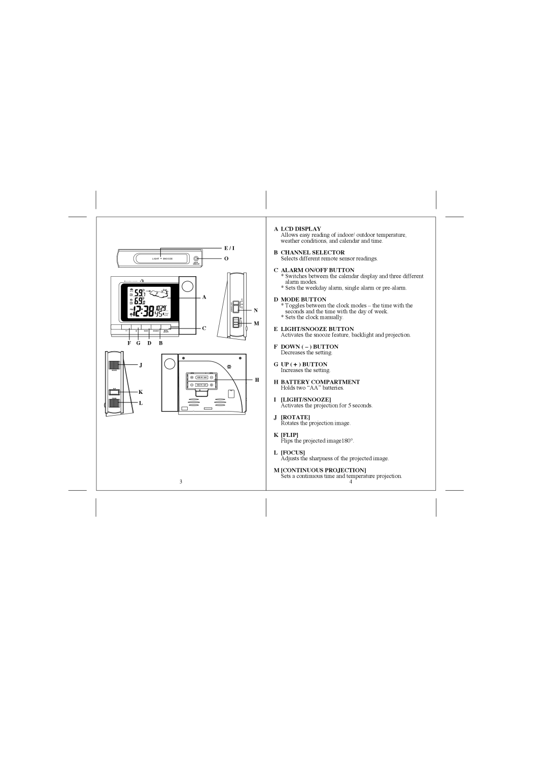 Honeywell PCR325W LCD Display, Channel Selector, Alarm ON/OFF Button, Mode Button, LIGHT/SNOOZE Button, Light/Snooze, Flip 