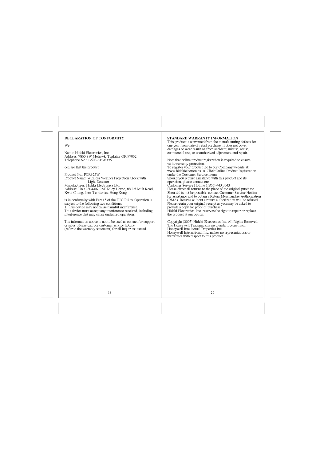 Honeywell PCR325W manual Declaration Of Conformity, Standard Warranty Information 