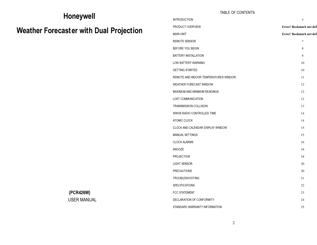 Honeywell PCR426W user manual Honeywell Weather Forecast er with Dual Projection 