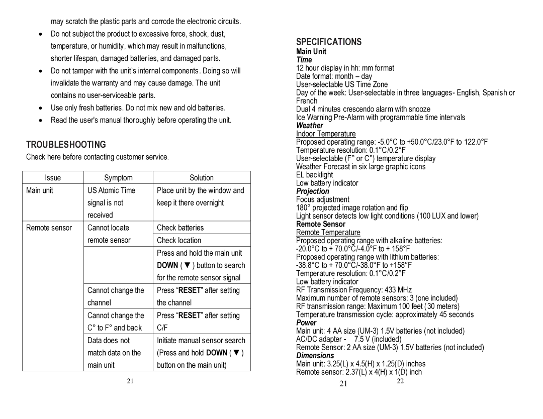 Honeywell PCR426W user manual Troubleshooting, Specifications, Main Unit, Remote Sensor 