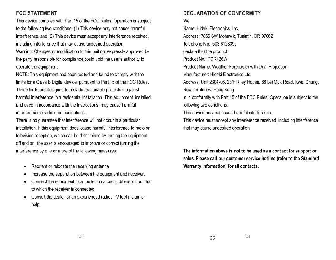 Honeywell PCR426W user manual FCC Stateme NT, Declaration of Conformity 