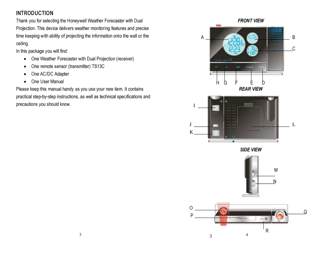 Honeywell PCR426W user manual Introduction, Front View, Rear View, Side View 