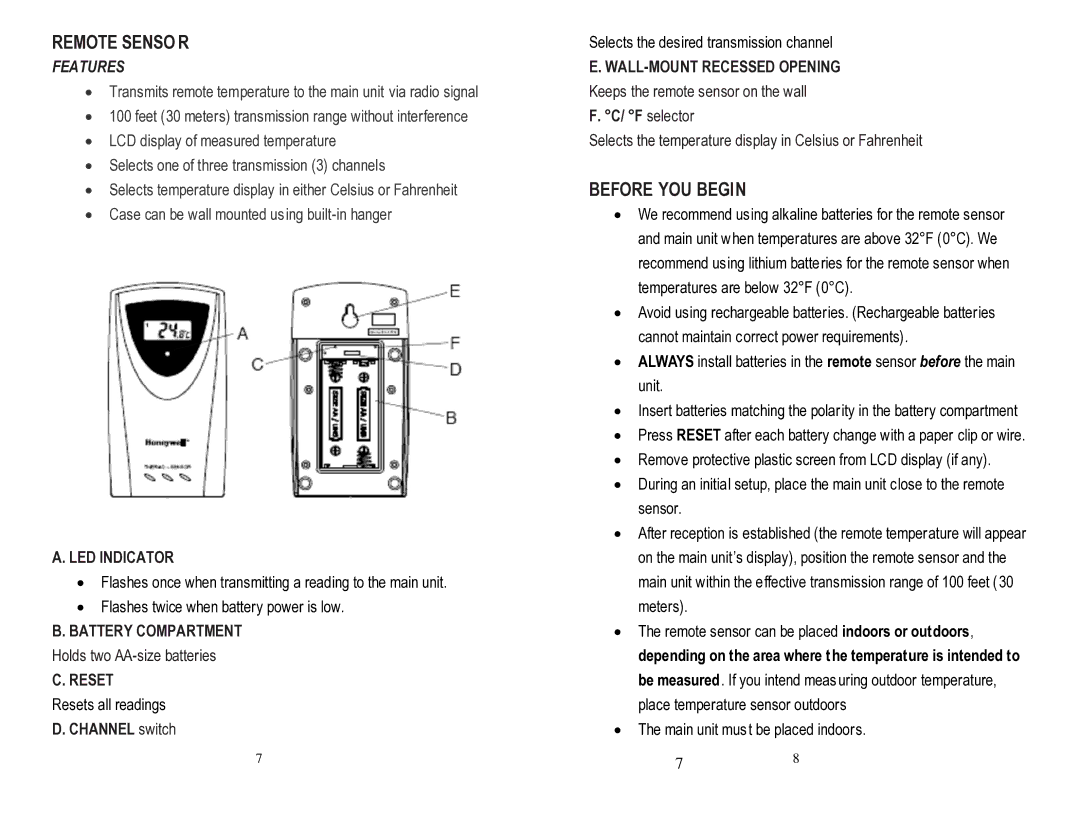 Honeywell PCR426W user manual Remote Senso R, Before YOU Begin, Features 