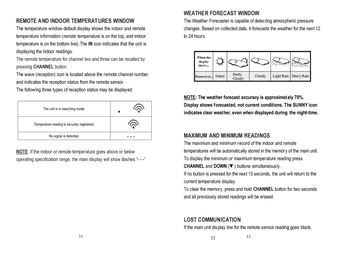 Honeywell PCR426W user manual Remote and Indoor Temperat Ures Window, Weather Forecast Window, Maximum and Minimum Readings 