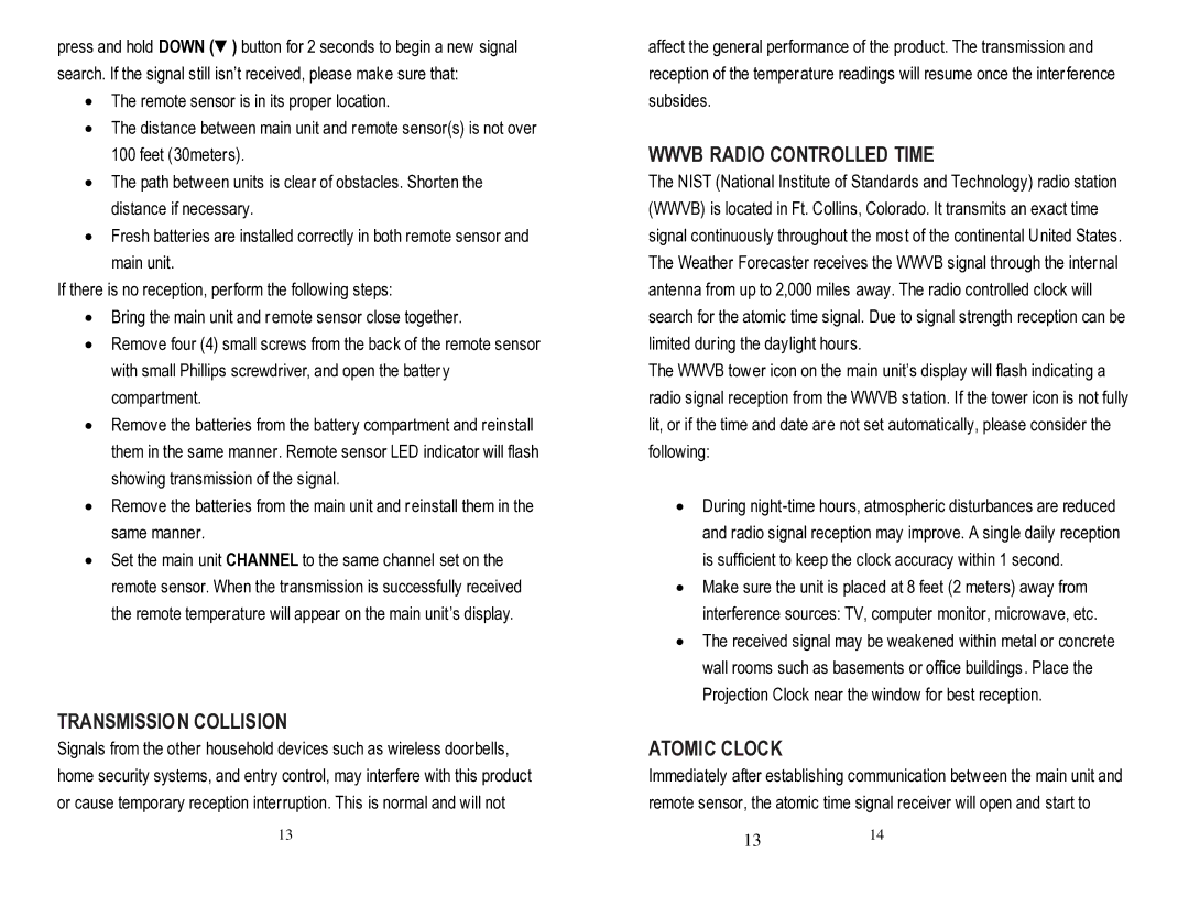 Honeywell PCR426W user manual Transmission Collision, Wwvb Radio Controlled Time, Atomic Clock 