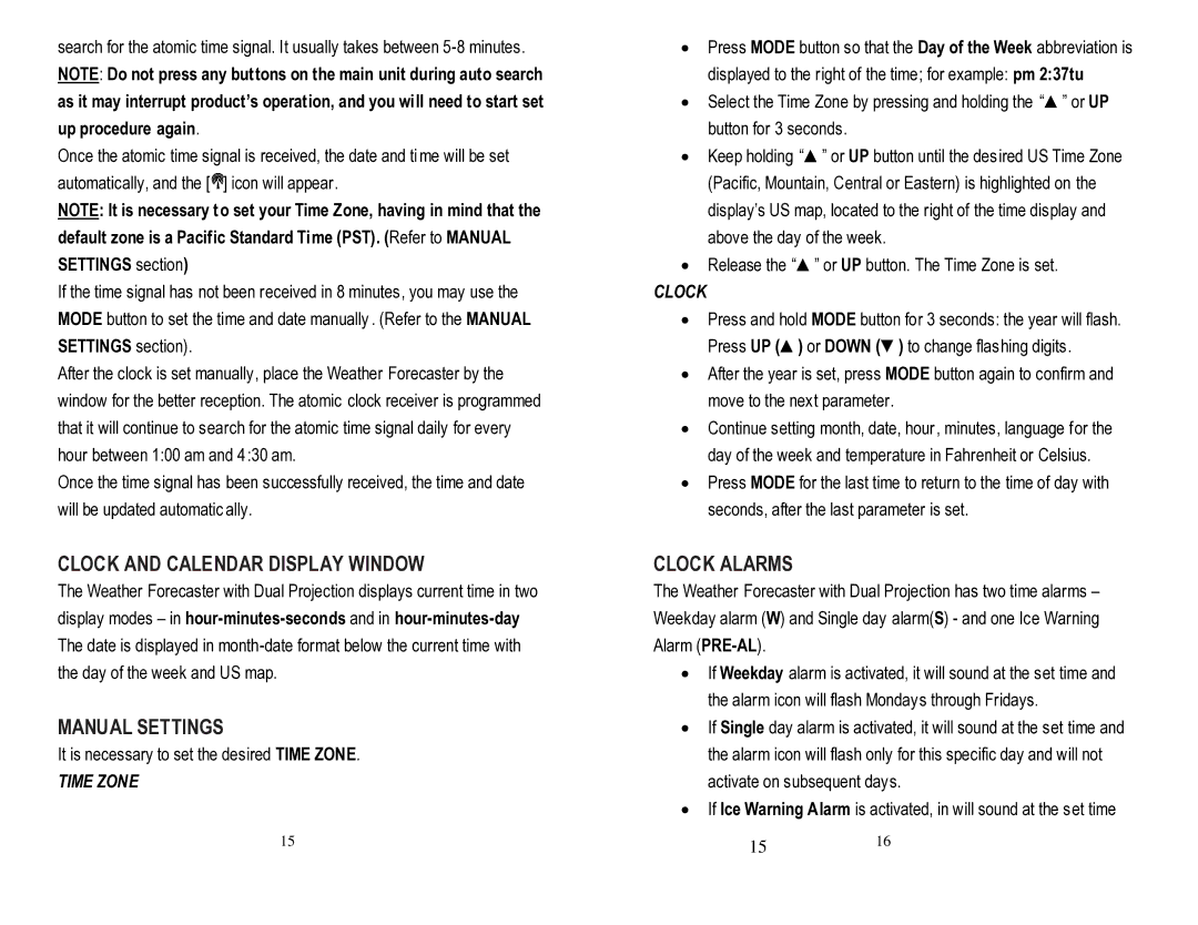 Honeywell PCR426W user manual Clock and Calendar Display Window, Manual Settings, Clock Alarms, Time Zone 