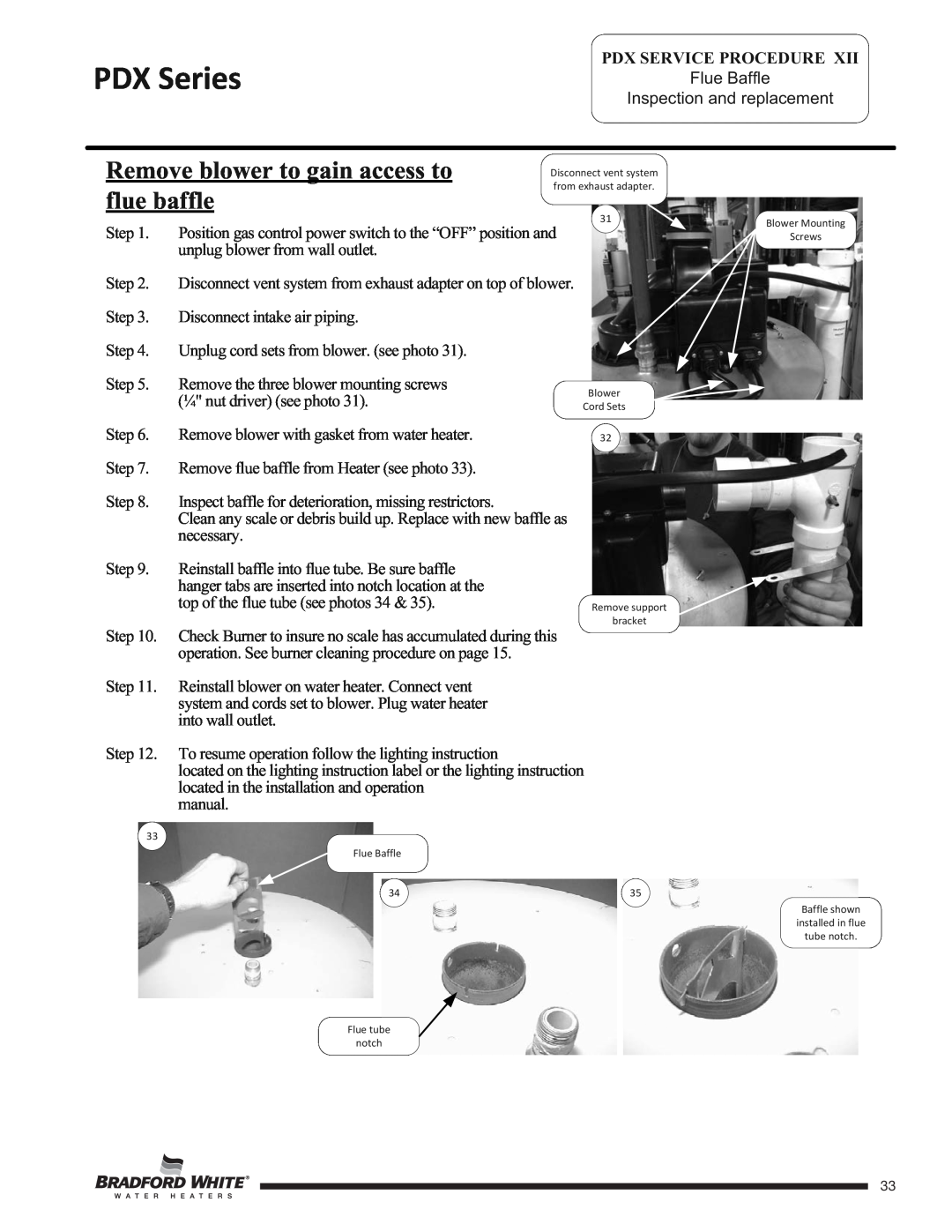 Honeywell PDX440S*F(BN,SX) service manual Remove blower to gain access to flue baffle, PDX Series, Pdx Service Procedure 