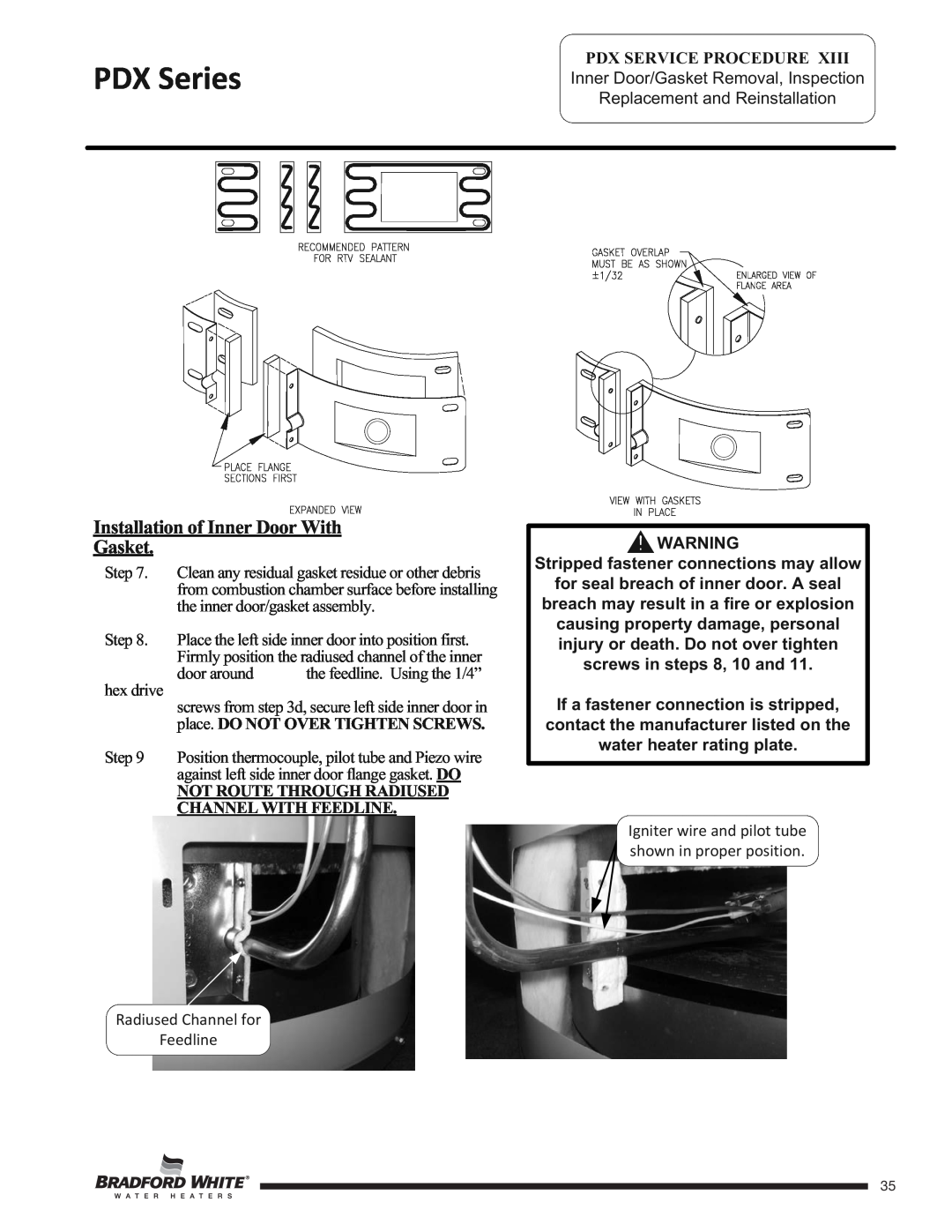 Honeywell PDX250T*F(BN,SX,CX) Installation of Inner Door With Gasket, place. DO NOT OVER TIGHTEN SCREWS, PDX Series 