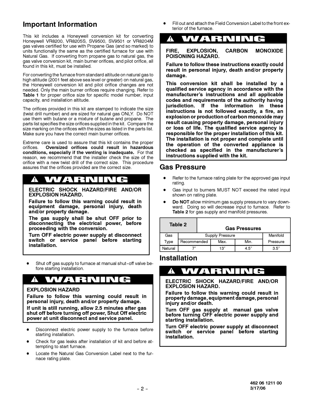 Honeywell PGF3 installation instructions Important Information, Installation, Gas Pressures 