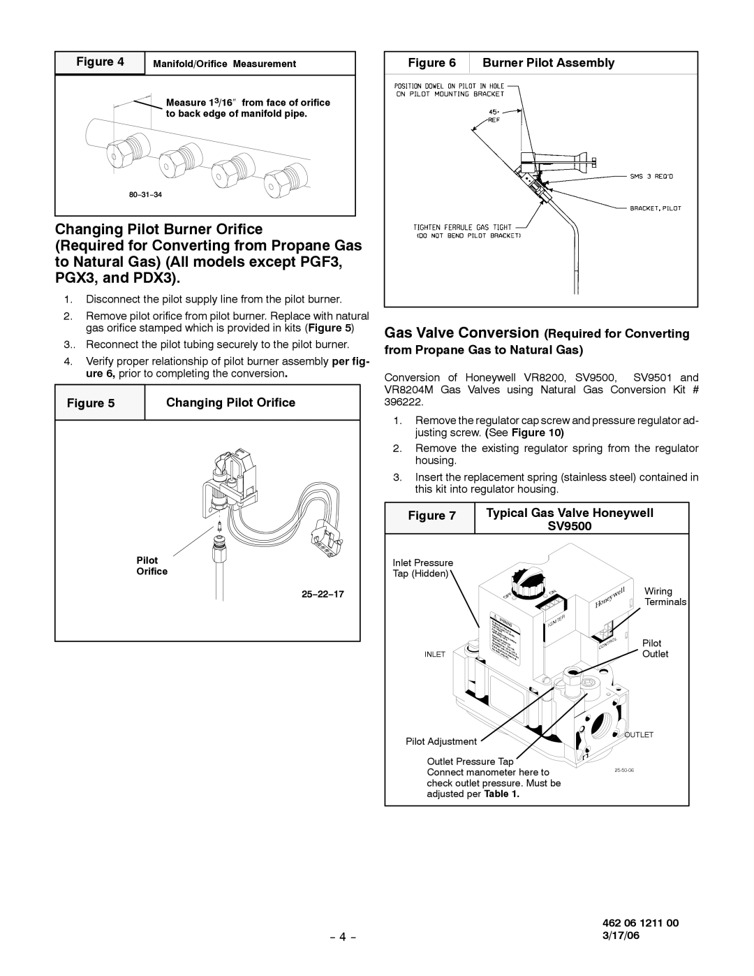 Honeywell PGF3 installation instructions Changing Pilot Orifice, Burner Pilot Assembly, Typical Gas Valve Honeywell SV9500 