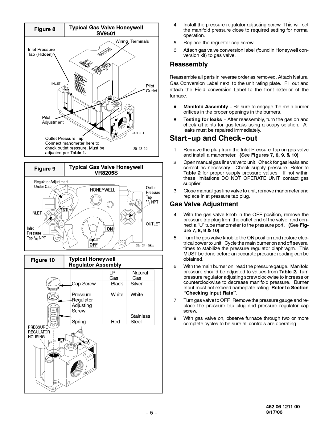 Honeywell PGF3 installation instructions Start--up and Check--out, Reassembly, Gas Valve Adjustment 