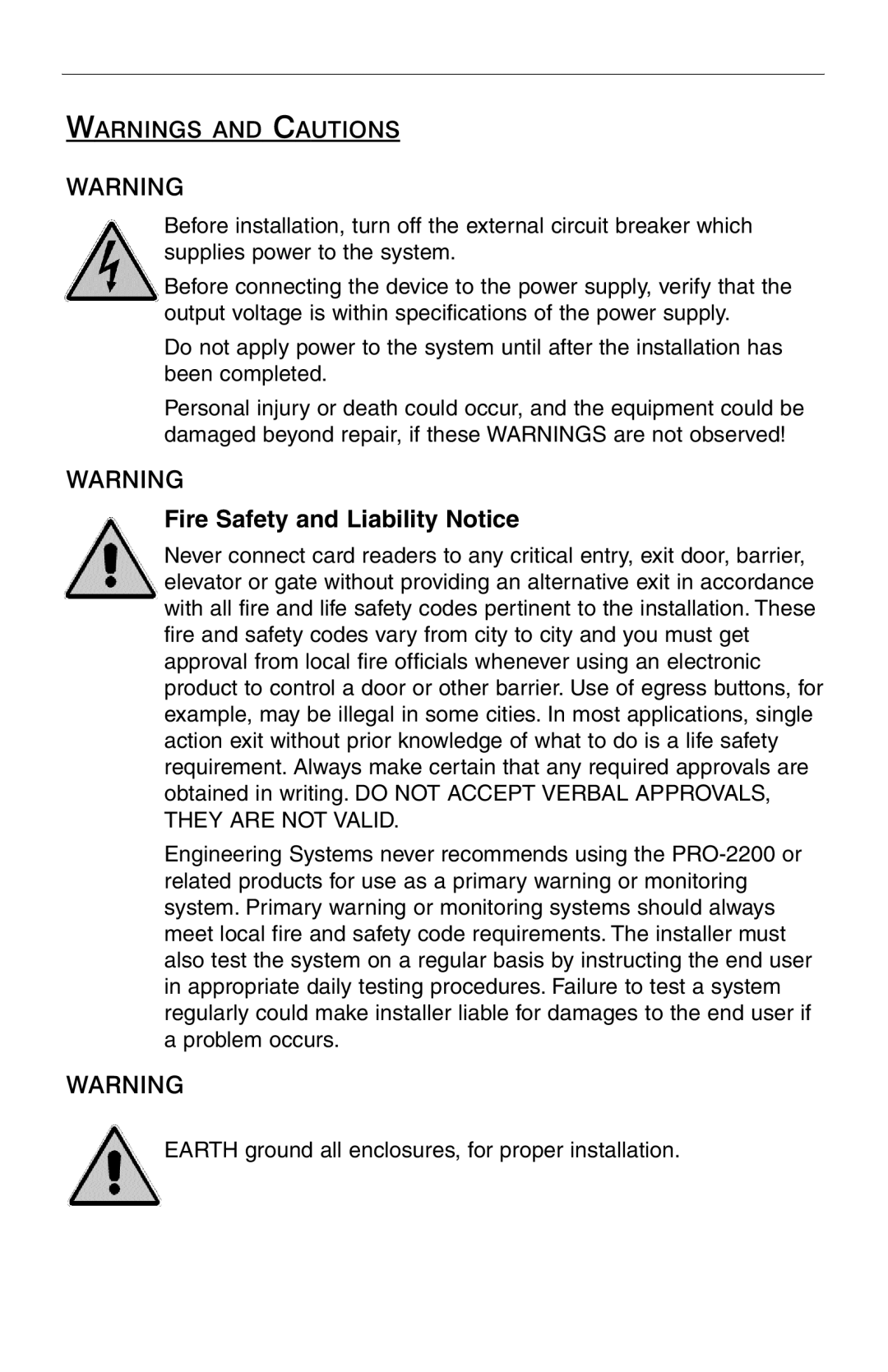 Honeywell PRO-2200 manual Warnings And Cautions, Fire Safety and Liability Notice 