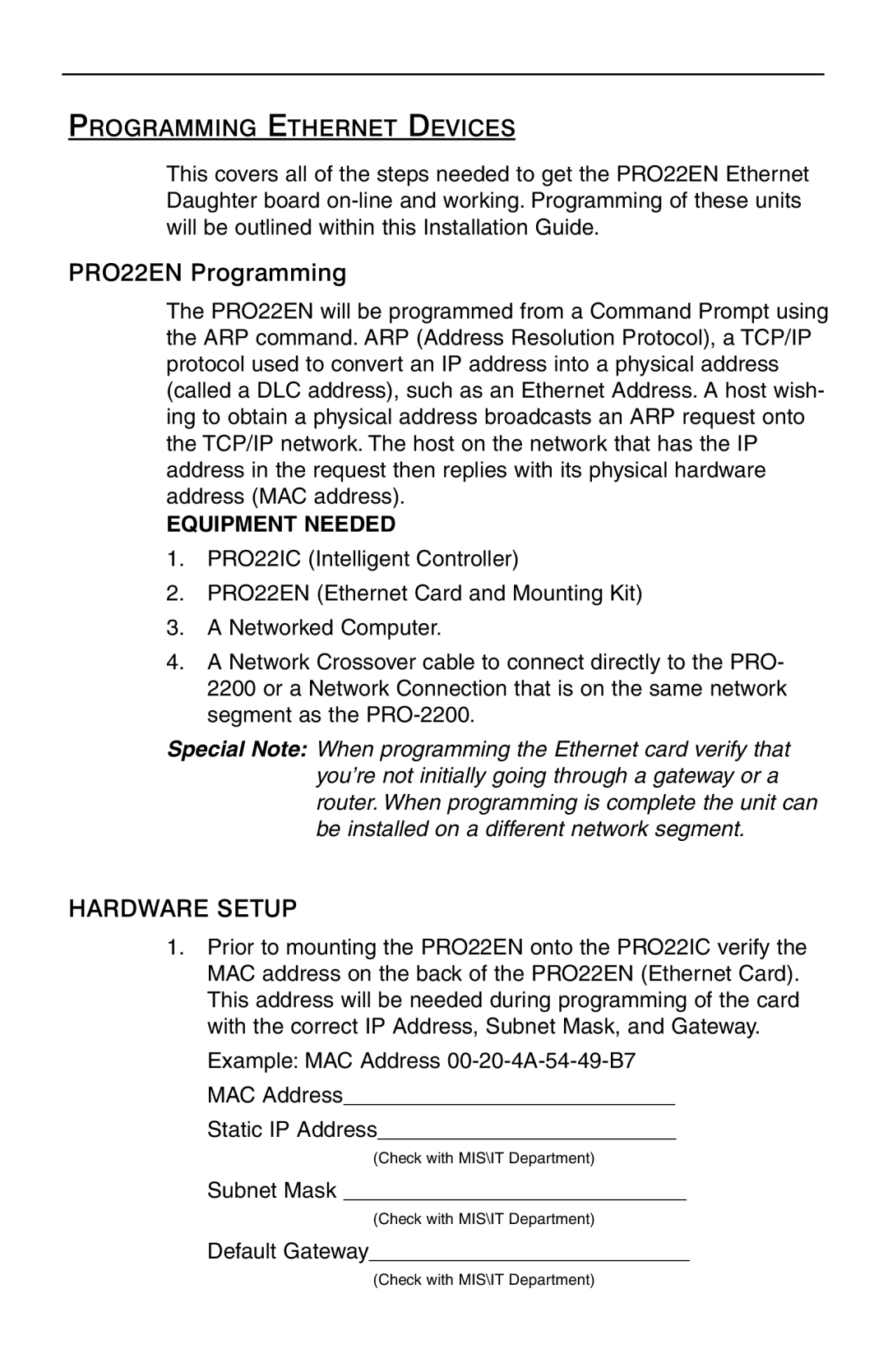 Honeywell PRO-2200 manual Programming Ethernet Devices, PRO22EN Programming, Hardware Setup, Equipment Needed 