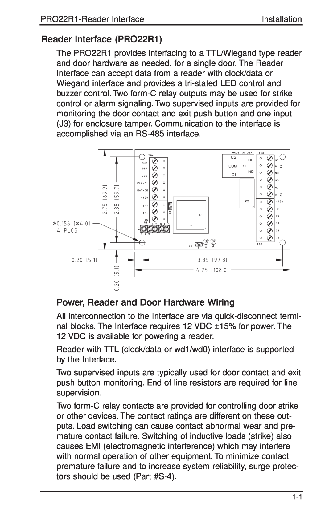 Honeywell PRO-2200 installation manual Reader Interface PRO22R1, Power, Reader and Door Hardware Wiring 