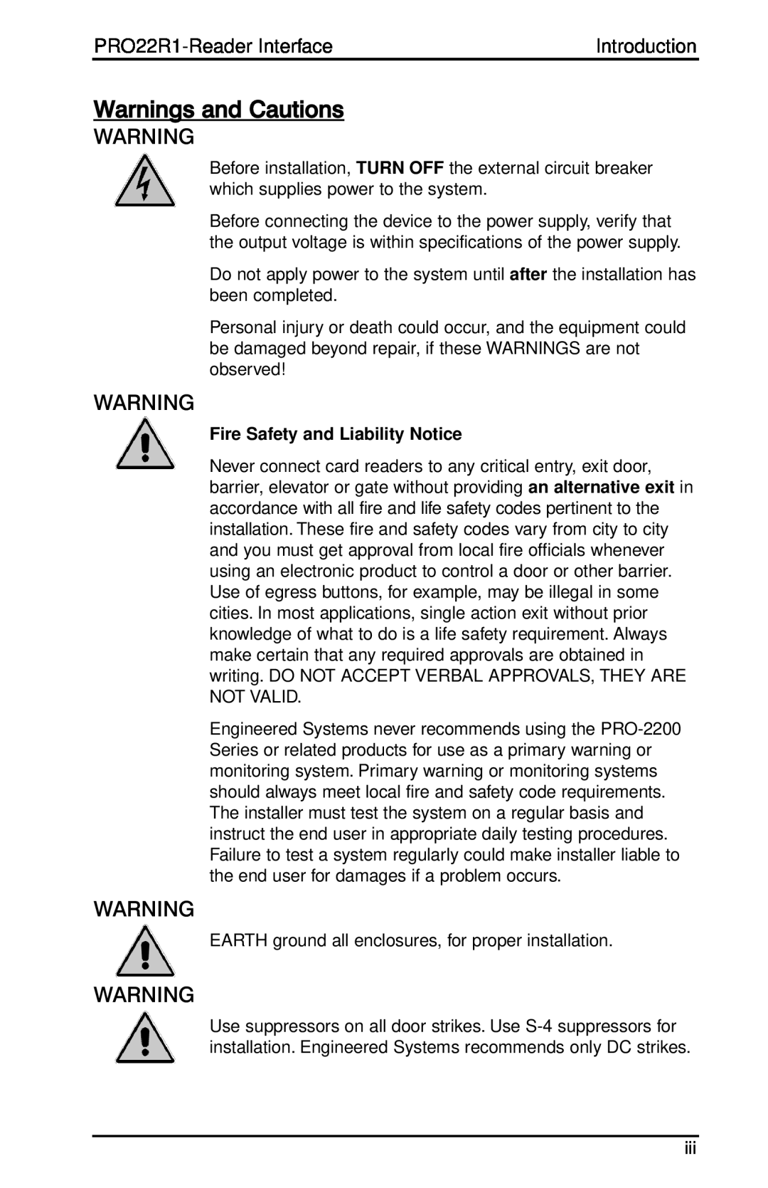 Honeywell PRO-2200 installation manual Warnings and Cautions, Fire Safety and Liability Notice 