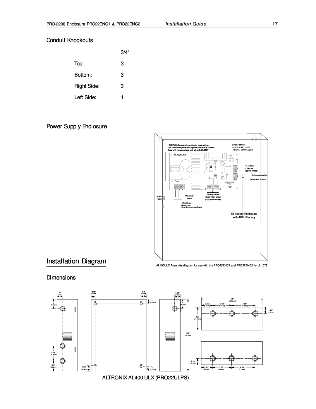 Honeywell PRO22ENC1 Installation Diagram, Power Supply Enclosure, Conduit Knockouts, Dimensions, Installation Guide, 3/4” 