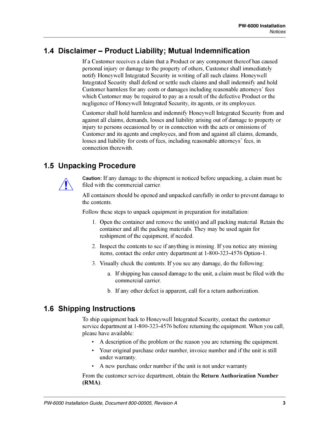 Honeywell PW-6000 manual Disclaimer Product Liability Mutual Indemnification, Unpacking Procedure, Shipping Instructions 